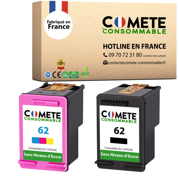 62 - 2 cartouche compatible hp 62 noir sans affichage du niveau d'encre noir+couleurs