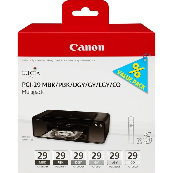 Pack 6 catouches originale pgi-29 mbk/pbk/dgy/gy/lgy/co canon