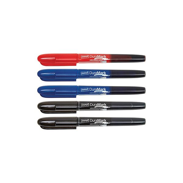 Marqueur permanent à encre liquide DuraMark, pointe ogive, largeur de trait 1 à 3 mm, encre non toxique, couleurs assorties : noir, bleu et rouge (paquet 5 unités)