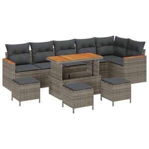 Canapé de jardin de 10 pièces avec coussins gris poly rotin acacia