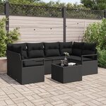 Ensemble de canapé de jardin de 7 pièces avec coussins en poly rotin noir