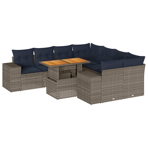 vidaXL Salon de jardin 9 Pièces avec coussins gris résine tressée