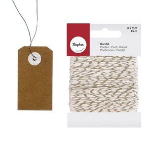 Etiquettes kraft 5 5 cm avec fil métal et ficelle dorée & blanche 15 m