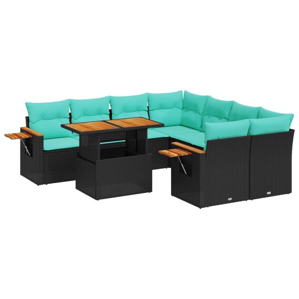 vidaXL Salon de jardin 9 Pièces avec coussins noir résine tressée