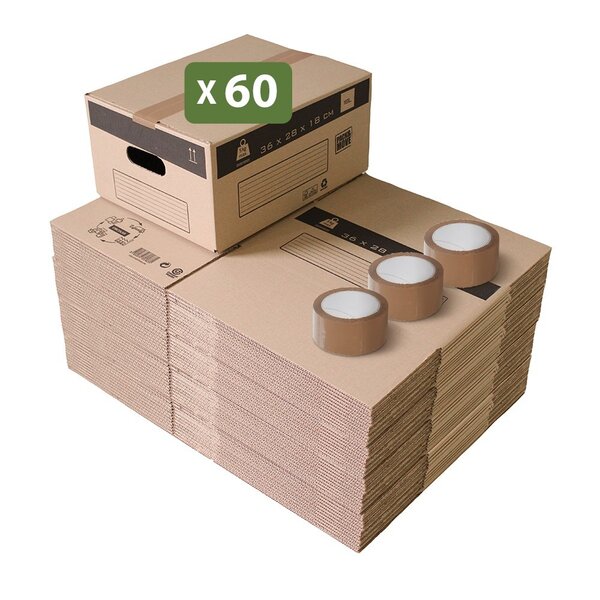 Pack and Move - Lot 60 cartons déménagement stockage S - 36 x 28 x 18 cm - Poignées renforcées - 3 adhésifs offerts