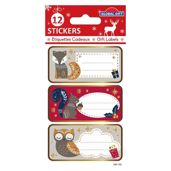 12 étiquettes adhésives de Noël - Animaux de la forêt
