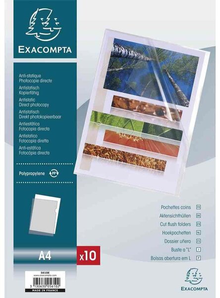 Pqt de 10 Pochettes coins A4 PP 0,12 mm Transparent lisse EXACOMPTA