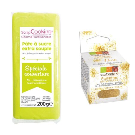 Pâte à sucre de couverture vert citron 200 g + paillettes dorées