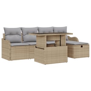 Ensemble de Canapés de Jardin 6 Pièces avec Coussins Beige Poly Rotin