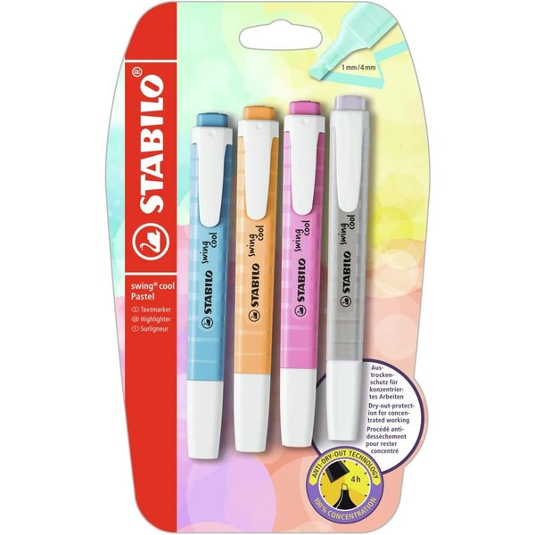 Blister 4 surligneurs STABILO swing cool Pastel - abricot + bleu + mauve + gris STABILO