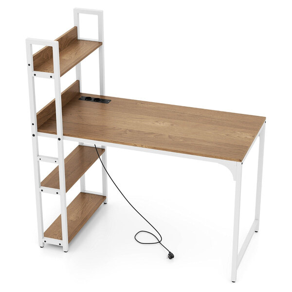 Bureau d'ordinateur multiprise avec bibliothèque 120 x 65 x 130 cm ergonomique moderne en métal bois marron 20_0010863