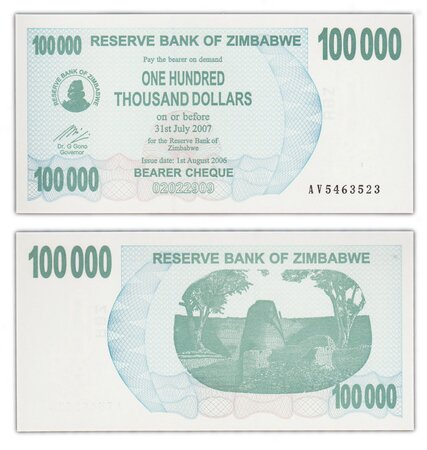 Billet de collection 100000 dollars 2006 zimbabwe - neuf - p48b