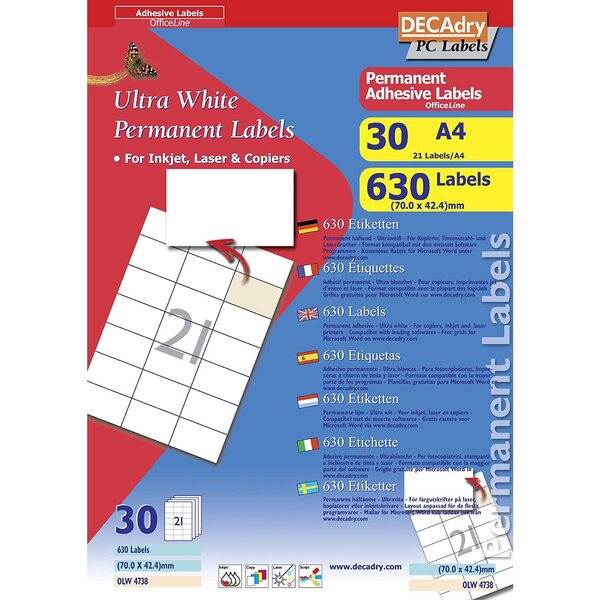 Pochette 630 étiquettes blanches multi-usage 70 x 42 4 mm Decadry By Apli