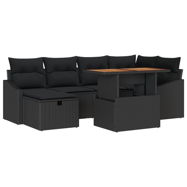 vidaXL Canapé de jardin 7 pièces avec coussins en poly rotin noir