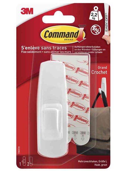 Crochet adhésif universel taille l 2,2 kg 1 crochet + 2 bandes amovibles command