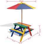 vidaXL Table et bancs de pique-nique avec parasol pour enfants Bois