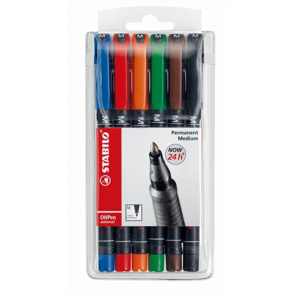 Etui de 6 feutres permanents pour transparents ohpen pte moyenne assortis stabilo
