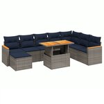 vidaXL Salon de jardin 9 Pièces avec coussins gris résine tressée