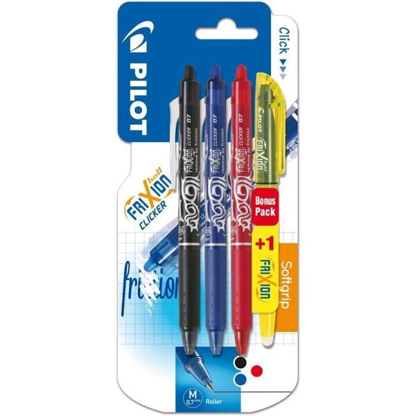 PILOT - Frixion Ball Clicker Moyen - Encre noire / bleue / rouge - x3 + 1  BONUS PACK Frixion Light Jaune