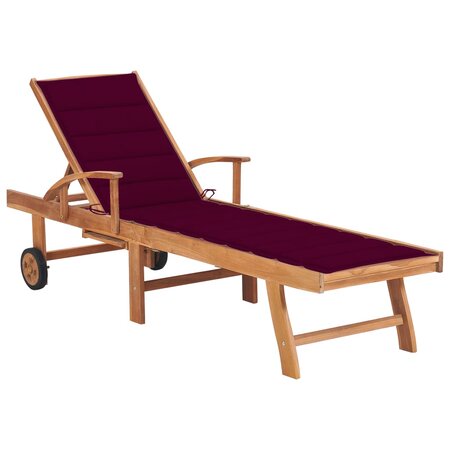 vidaXL Chaise longue avec coussin rouge bordeaux Bois de teck solide