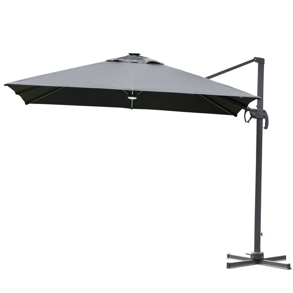 Parasol déporté carré parasol LED inclinable pivotant 360° manivelle piètement acier dim. 3L x 3l x 2 66H m gris