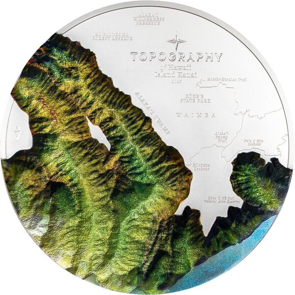 Pièce de monnaie en Argent 100 Dollars g 1000 (1 Kg) Millésime 2025 Topography HAWAII