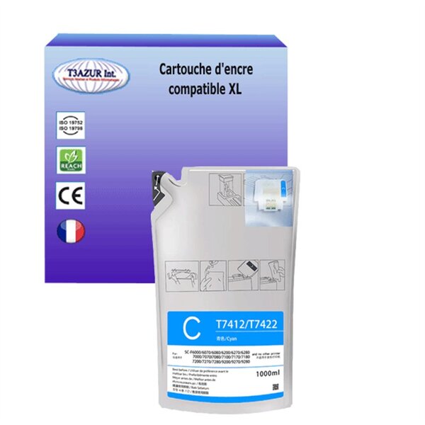 Cartouche compatible avec Epson SureColor SC-F6200 (nK)  SC-F6270 remplace Epson  T7412 - Cyan - 1 000ml