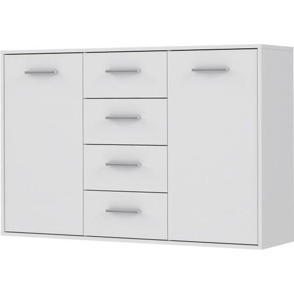 Buffet bas - Blanc mat - 2 portes + 4 tiroirs - PILVI - L 122,6 x P 34,2 x H 81,1 cm