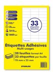 20 planches a4 - 33 étiquettes 70 mm x 25 mm autocollantes blanche par planche pour tous types imprimantes - jet d'encre/laser/photocopieuse