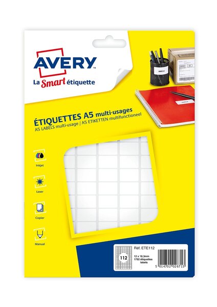 Sachet de 1792 étiquettes multi-usage blanches 12,8 x 18,3 mm planche a5 avery