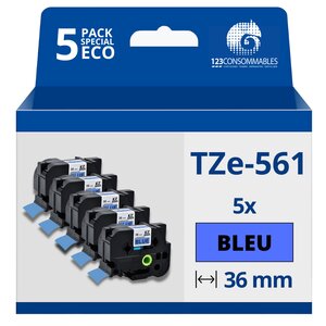 Pack de 5 Rubans compatible avec Brother TZe561- Texte noir sur fond bleu - Largeur 36 mm x 8 mètres