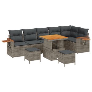 Ensemble de canapé de jardin 9 pièces avec coussins Gris Poly Rotin Acacia