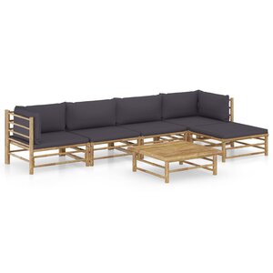 Salon de jardin meuble d'extérieur ensemble de mobilier 6 pièces avec coussins gris foncé bambou 02_0016785