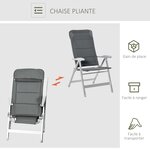 Chaise de jardin pliante dossier haut inclinable multipositions accoudoirs tétière alu. oxford déperlant gris