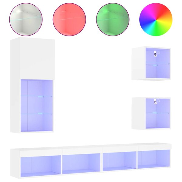 vidaXL Unités murales TV avec LED 5 Pièces blanc bois d'ingénierie