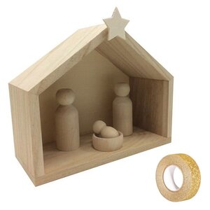 Crèche bois + pions 18 x 8 x 15 cm + masking tape doré à paillettes 5 m