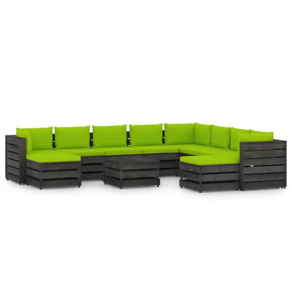 vidaXL Salon de jardin 11 Pièces avec coussins Bois imprégné de gris