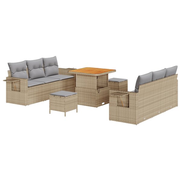 Ensemble de Canapé de Jardin 9 pièces avec Coussins Beige Poly Rattan Acacia