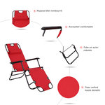 Chaise longue pliable bain de soleil transat de relaxation dossier inclinable avec repose-pied polyester oxford rouge