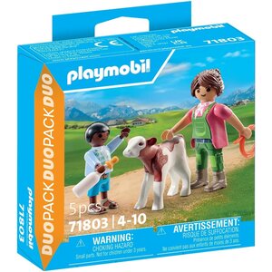 PLAYMOBIL 71803 - Duo : Fermière avec enfant donnant le biberon à un veau