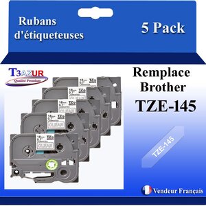 5x  Rubans d'étiqueteuses compatibles avec Brother Tze145  Tze-145 pour étiqueteuses P-touch - Texte blanc sur fond transparent - T3AZUR