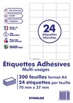 200 planches a4 - 24 étiquettes 70 mm x 37 mm autocollantes blanche par planche pour tous types imprimantes - jet d'encre/laser/photocopieuse