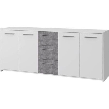 Buffet bas 4 portes 3 tiroirs - Blanc et décor gris béton - L 179 x P 42 x H 74,5 cm