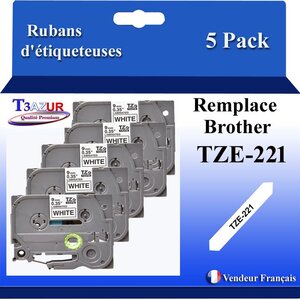 5x  Rubans d'étiqueteuses compatibles avec Brother Tze221  Tze-221 pour étiqueteuses P-touch - Texte noir sur fond blanc - Largeur 9 mm x 8 mètres - T3AZUR