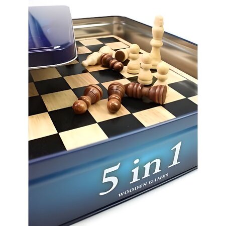 Coffret métal 5 jeux en 1 - jeux de société classiques - échecs  dames  backgammon  dominos et tic-tac-toe - tactic