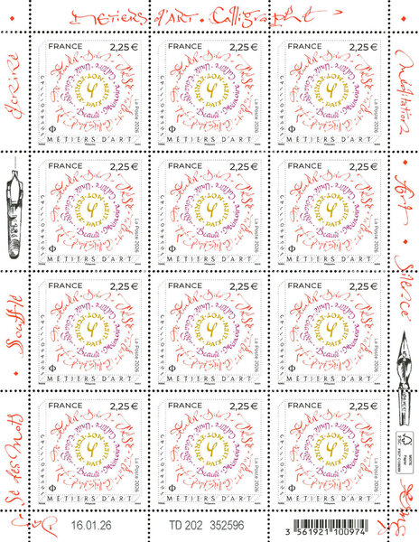 Feuille de 12 timbres - Métiers d'art - Calligraphe - Lettre Internationale