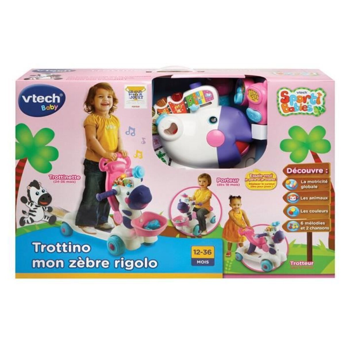 Porteur Trottinette Mon Zebre Rigolo 3 en 1 Rose Parlante et