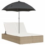 vidaXL Chaise longue double avec coussins et parasol beige poly rotin