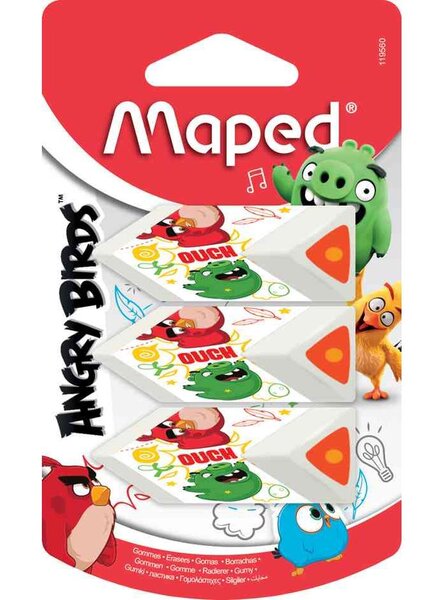 Gomme en plastique ANGRY BIRDS, blanc, blister de 3 MAPED