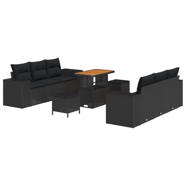Ensemble de canapé de jardin 9 pièces avec coussins noir poly rattan acacia